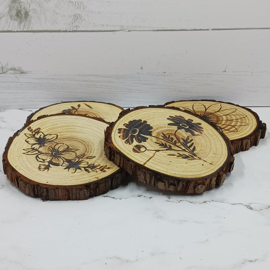 Wood Burned Coasters ~ Floral ~